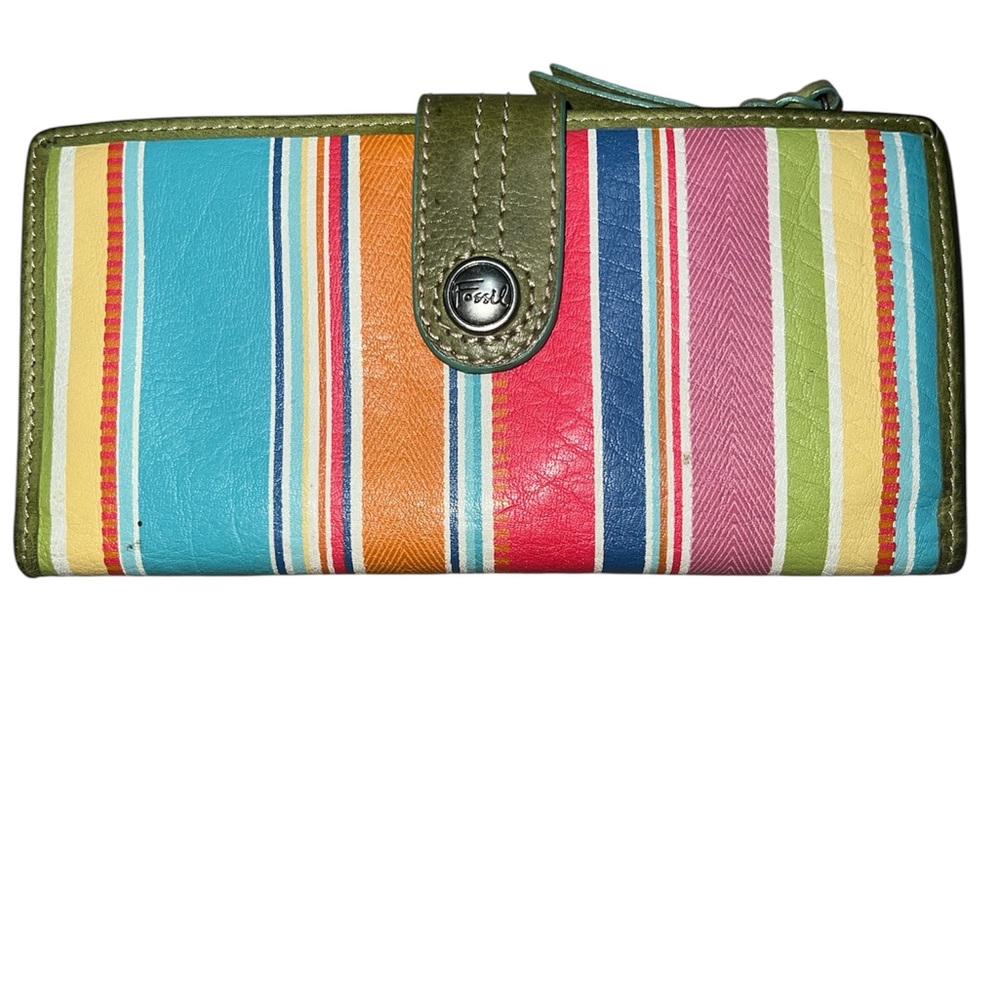 Vtg Fossil Multicolor Striped Leather Flap Clutch Wallet Y2K Rainbow